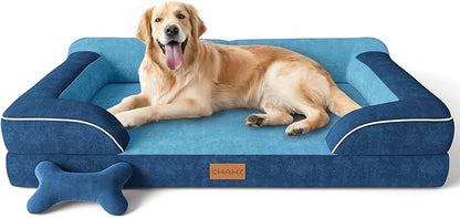CWAWZ Extra Large Dog Bed, Orthopedic Dog Bed with Cooling Gel Memory Foam, Waterproof XL Pet Bed with Removable Washable Cover, 42" Pet Sofa Couch Dutch Velvet with Bone Toy, Navy Blue