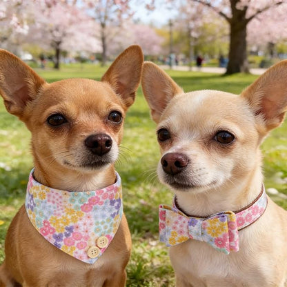 KOOLTAIL Small Dog Collar and Leash Set with Bowtie and Bells - Puppy Collar and Leash for Boy or Girl with Flower Matching Pattern, Soft Leather Tangle Free Leashes for Small Dogs,Cats