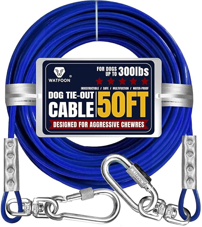 Tie Out Cable for Dogs Up to 300lbs,50ft Extra Strong 1000lbs Break Strength Tie-Out Tether Trolley Training Lead,Dog Run Cable for Yard Garden Park Camping Outside (300lbs 50ft, Blue)