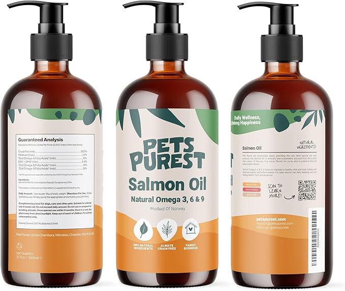Pets Purest Salmon Oil for Dogs, Cats, Horses, Ferrets & Pets - 32 Fl Oz 100% Pure Premium Food Grade - Natural Omega 3, 6 & 9 Supplement - Promotes Coat, Skin, Joint and Brain Health
