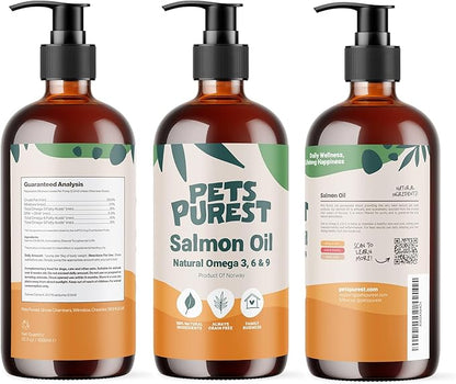 Pets Purest Salmon Oil for Dogs, Cats, Horses, Ferrets & Pets - 32 Fl Oz 100% Pure Premium Food Grade - Natural Omega 3, 6 & 9 Supplement - Promotes Coat, Skin, Joint and Brain Health