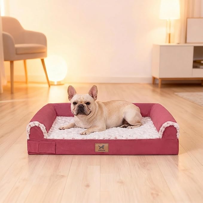 PAWPUBBY Medium-Sized Orthopedic Dog Bed - Washable Rose Velvet Cover, Waterproof Lining, Memory Foam Dog Couch, Non-Slip Base, Sofa Dog Bed for Corgis, Pomeranians, French Bulldogs (Rose Pink, L)
