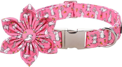 Lionet Paws Easter Bunny Dog Collar with Flower, Flower Collar with Metal Buckle for Dogs, Adjustable Comfortable Dog Collar Girl, XL, Neck 16-26 in