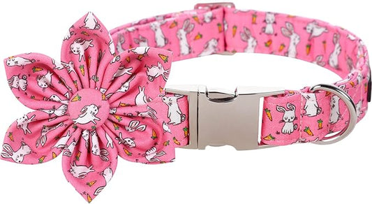 Lionet Paws Easter Bunny Dog Collar with Flower, Flower Collar with Metal Buckle for Dogs, Adjustable Comfortable Dog Collar Girl, XL, Neck 16-26 in