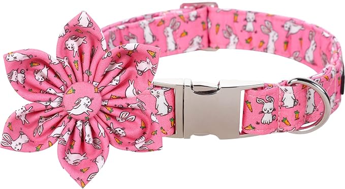 Lionet Paws Easter Bunny Dog Collar with Flower, Flower Collar with Metal Buckle for Dogs, Adjustable Comfortable Dog Collar Girl, M, Neck 13.5-22 in