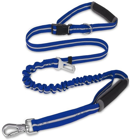 PUPTECK Heavy Duty Bungee Leash for Medium Large Dogs, No Pull Tactical Dog Leash with Double Handles for Training, Reflective with Car Seatbelt and Quick Release Buckle, Blue