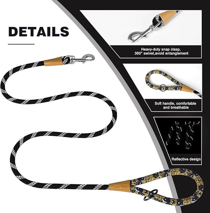 lynxking Rope Dog Leash 6 FT with Comfortable Padded Handle, Highly Reflective Threads Leash for Small Medium Large Dogs (Black, 2PCS Large 1/2in x 6ft-Rope Clasp)