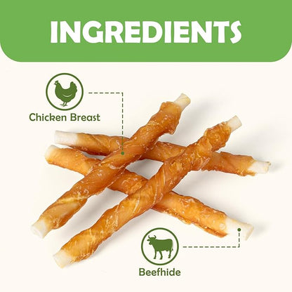 MON2SUN Dog Treats, 5 Inch Rawhide Twist Chicken Hide Sticks, Suitable for Puppy and Small Dogs, 5 Inch (Chicken, Pack of 25)