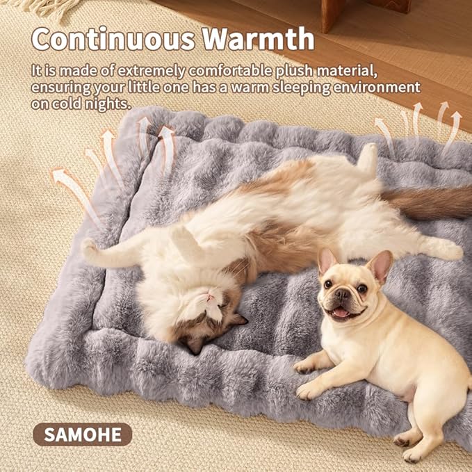 SOMAHE Self-Warming Dog Bed, Plush Faux Fur Mat with Anti-Slip Bottom, Ultra Soft Heated Pet Bed for Medium Large Dogs, Cozy Fluffy Pad for Carriers Couch Crate, Machine Washable, 35 x 27 Inch Gray