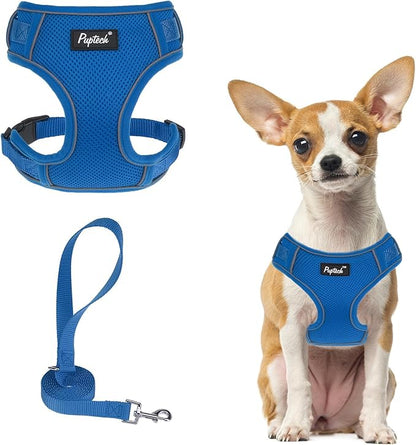 PUPTECK Small Dog Harness and Leash Set, No Pull Adjustable Puppy Cat Harness, Reflective Soft Mesh Pet Vest Small Sized, Blue, XS