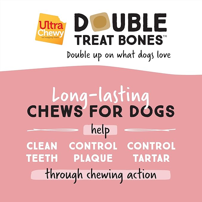 Ultra Chewy Yogurt with Strawberry Double Treat Bones: Long-Lasting Dog Treats Made in USA for Large and Small Breeds, Highly Digestible (12 Count)