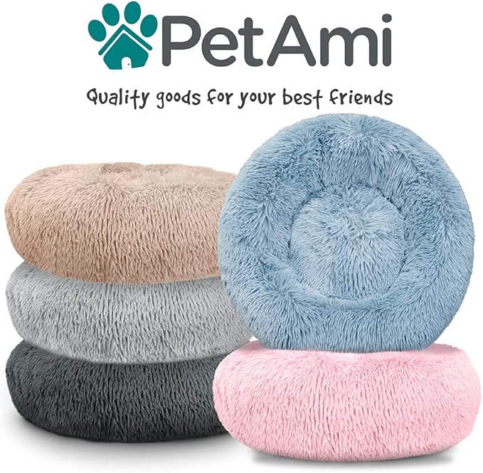PetAmi Calming Dog Bed for Small & Medium Dogs and Cats, 30” Round Donut Dog Bed, Washable Fluffy Faux Fur Puppy & Cat Bed, Anti-Anxiety Plush Cuddler Pet Bed with Anti-Slip Bottom - Pink