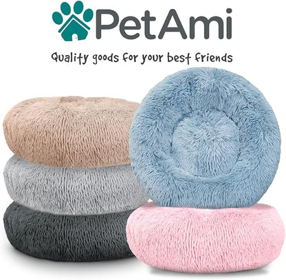 PetAmi Calming Dog Bed for Small & Medium Dogs and Cats, 23” Round Donut Dog Bed, Washable Fluffy Faux Fur Puppy & Cat Bed, Anti-Anxiety Plush Cuddler Pet Bed with Anti-Slip Bottom - Pink