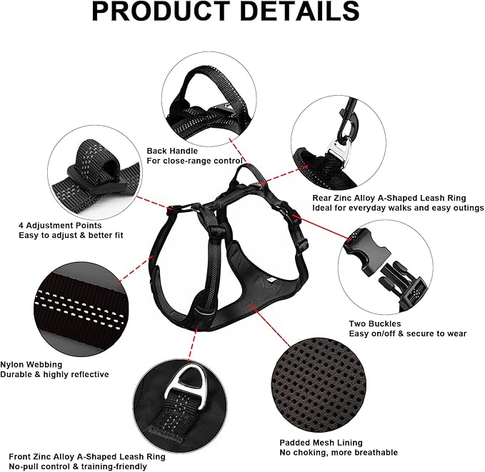 No Pull Dog Harness for Large Dogs, Adjustable, Reflective Breathable Padded Vest with 2 Metal Leash Clips and Handle for Control or Car Seatbelt Use, Black, L