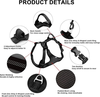 No Pull Dog Harness for Extra Large Dogs, Adjustable, Reflective Breathable Padded Vest with 2 Metal Leash Clips and Handle for Control or Car Seatbelt Use, Black, XL