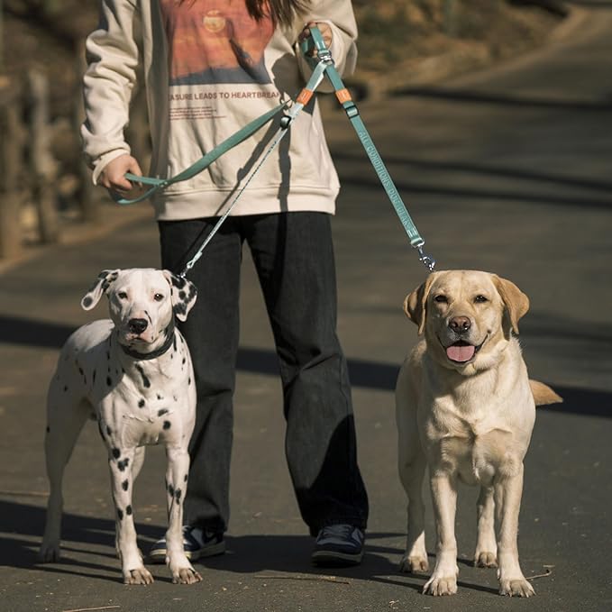 HOWGO Double Dog Leash, No Tangle 360° Swivel, Adjustable Two Padded Handles, Double Clip Dog Leash Coupler Splitter for 0~50 lbs Small and Medium Breeds (Orange, 2/3'' x 4.8 FT, Ultralight)