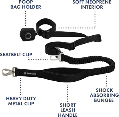 Spark Paws Handsfree Dog Leash – Shock Absorbing Waist Bungee Lead for Running, Car Seatbelt Clip & Poop Bag Set, Heavy Duty Tactical Lead for Medium, Large & X-Large Breeds - Black