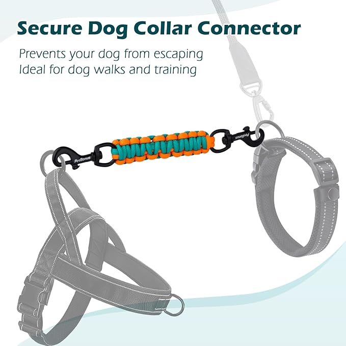 PetBonus Dog Collar Safety Clip, Handmade Backup Safety Strap for Dog Harness, Prong, Pinch Collar, Double Ended Clasp Leash Connector (Turquoise, Orange)