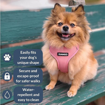 DJANGO Adventure Dog Harness - Stylish, and Durable Small Dog Harness for Outdoor Adventures and Everyday Wear - Quartz Pink Neoprene Adjustable Harness for Dogs with Reflective Piping, Brass D-Ring