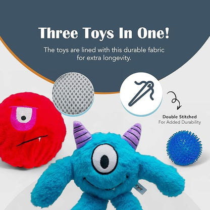 Flourish Pets 3 in 1 Multi-Layer Chew Toy for Active Dogs | Non-Toxic BPA Free Double Stitched Soft Fabric Exterior Dog Toys | Long-Lasting Dog Plush Toys – Large, Blue Monster 11"