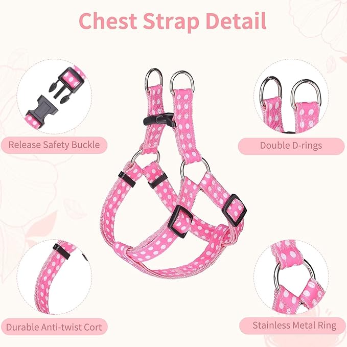 BINGPET Dog Harness Collar Leash Set,Adjustable No Pull Escape Proof Small Dog Harness,Classic Plaid Puppy Harness and Leash Set for Small Medium Large Dogs Training Easy Walk Running(Polka Dots,M)
