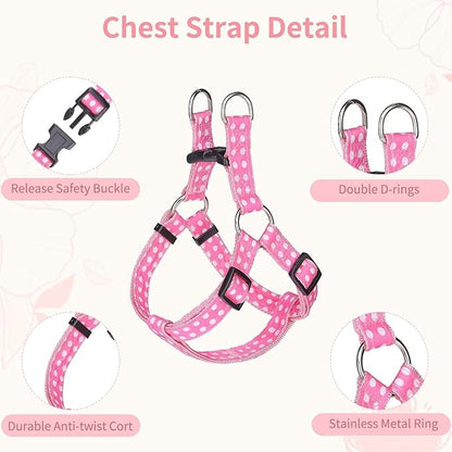 BINGPET Dog Harness Collar Leash Set,Adjustable No Pull Escape Proof Small Dog Harness,Classic Plaid Puppy Harness and Leash Set for Small Medium Large Dogs Training Easy Walk Running(Polka Dots,S)