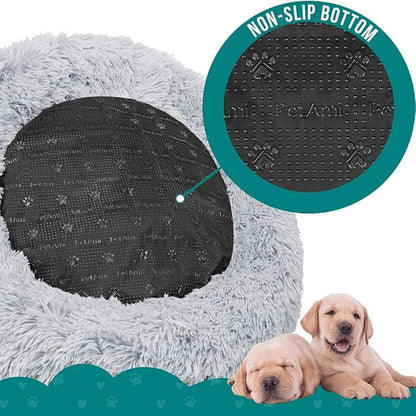 PetAmi Calming Dog Bed for Small & Medium Dogs and Cats, 23” Round Donut Dog Bed, Washable Fluffy Faux Fur Puppy & Cat Bed, Anti-Anxiety Plush Cuddler Pet Bed with Anti-Slip Bottom - Light Gray