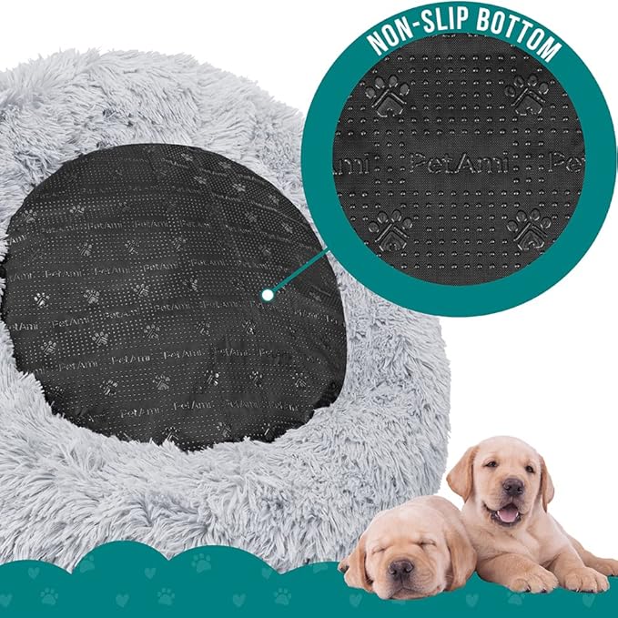PetAmi Calming Dog Bed for Small & Medium Dogs and Cats, 30” Round Donut Dog Bed, Washable Fluffy Faux Fur Puppy & Cat Bed, Anti-Anxiety Plush Cuddler Pet Bed with Anti-Slip Bottom - Light Gray