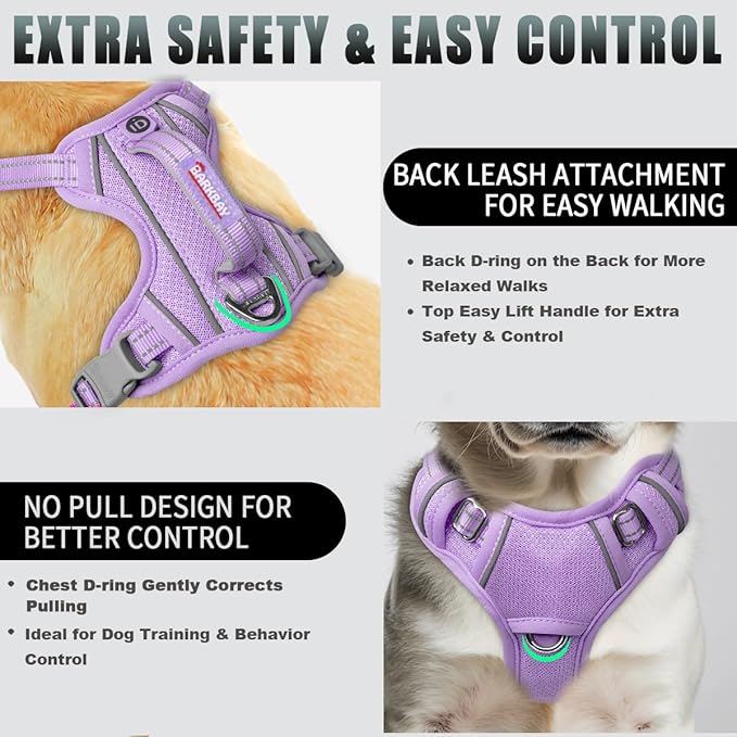 BARKBAY No Pull Dog Harness Large Reflective Dog Harness with Front Clip and Easy Control Handle for Walking Training Running with ID tag Pocket(Violet Purple,XS)