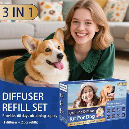 Dog Pheromone Calming Diffuser: Relaxing Pheromone Diffuser for Dogs Relief Stress Anxiety Fighting Scratching Barking, Dog Calming Pheromone Diffuser Kit with 1 Plug in Diffuser+2 Refill 48ml (3in1)