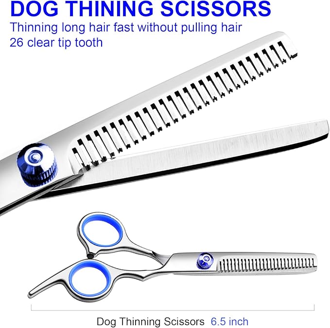 FAIGEO Professional Dog Grooming Scissors Kit, Titanium Coated Dog Scissors for Grooming, Grooming Shears Kit - Straight,Thinning, Curved Scissors and Comb for Dog Cat Pet (Blue 5 in 1)