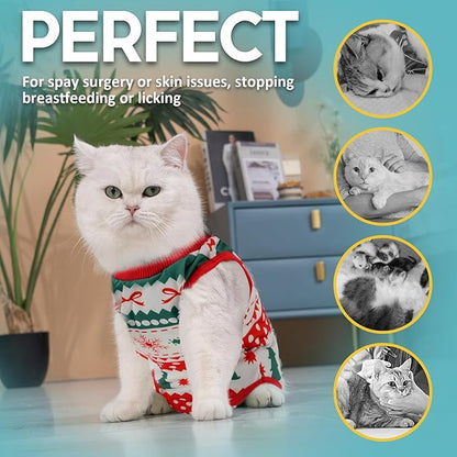 Avont Cat Recovery Suit - Kitten Onesie for Cats After Surgery, Cone of Shame Alternative Surgical Spay Suit for Female Cat, Post-Surgery or Skin Diseases Protection -Christmas(L)