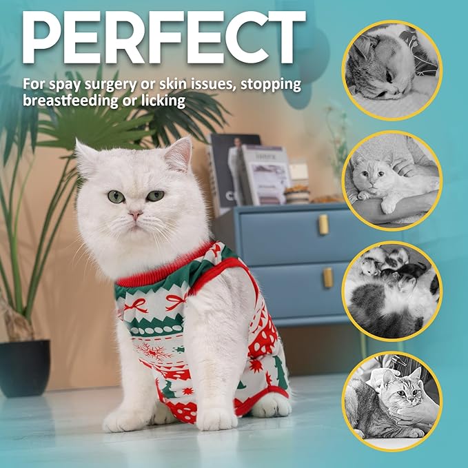 Avont Cat Recovery Suit - Kitten Onesie for Cats After Surgery, Cone of Shame Alternative Surgical Spay Suit for Female Cat, Post-Surgery or Skin Diseases Protection -Christmas(S)
