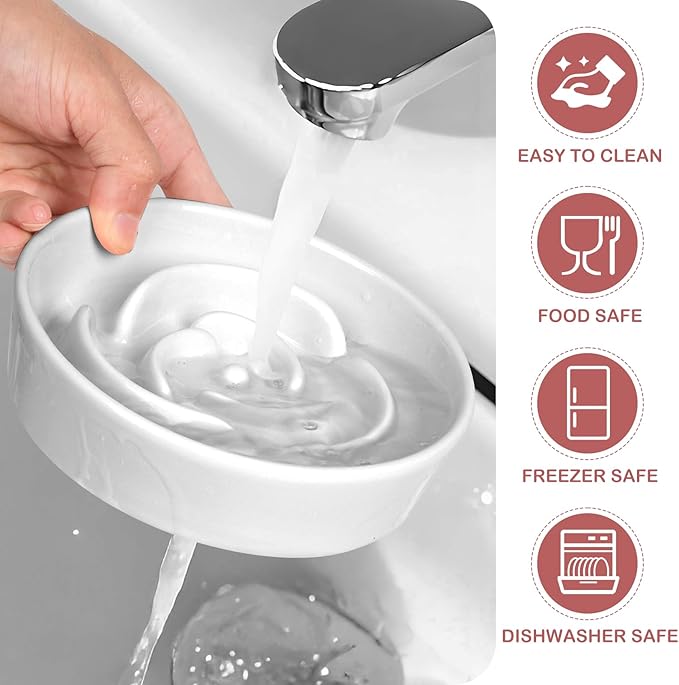 TRUVIC Ceramic Slow Feeder Dog Bowls, 1.5 Cup Puzzle Slow Feeder Bowls for Fast Eaters, Ceramic Dog Food Dish no Black Chin, Puzzle Bowl for Medium Dogs, White
