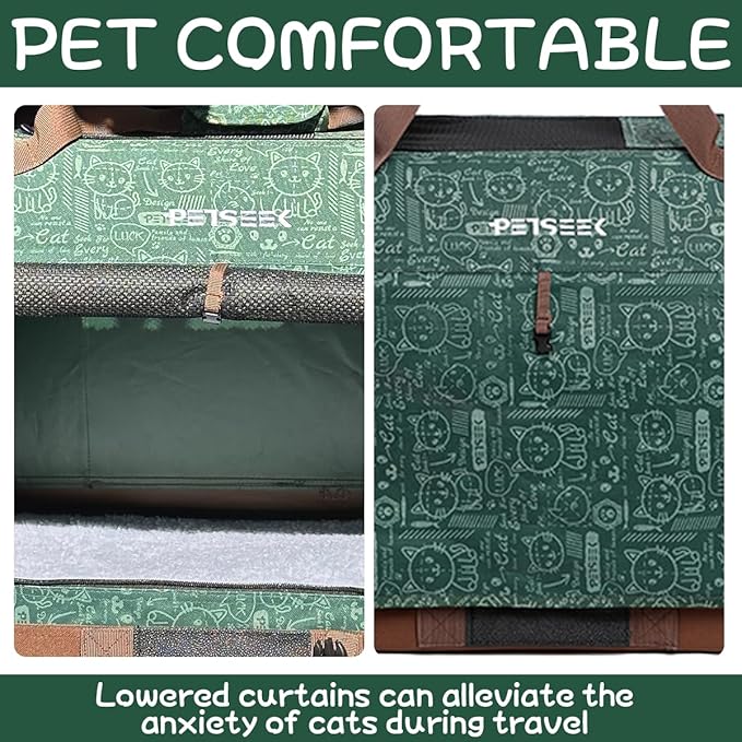 Petseek Extra Large Cat Carrier Soft Sided, Portable Small Dog Carrier for 2 Cats, 24"x16.5"x16" Car Travel Folding Comfortable Design, Green