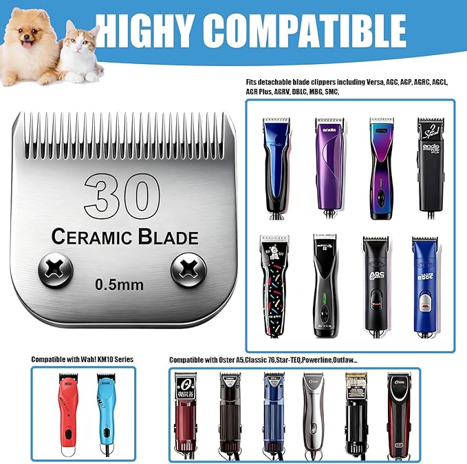 Dog Grooming Replacement Blades Compatible with Andis Dog Clipper, Dog Clipper Blades Compatible with Oster A5,Wahl KM-10 Series Dog Clipper,#30 Blades (0.5mm)