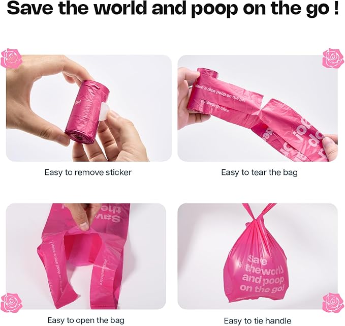 Dog Poop Bags with Handles 9 Rolls 108 Counts Big Sizes Leak Proof and Extra Thick Waste Bags Refill Rolls for Walking Small Medium Large Dogs Cats Litter With Holder Rose Scented
