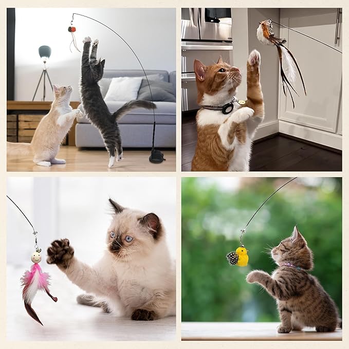 CUTIE PAW PAL Interactive Bird Simulation Cat Feather Toy Set - Suction Cup Cat Toys for Indoor Cats, Natural Feathers, Bells & Easy Clip-On, Perfect for Indoor Cats - 2 Free Pads, Suctions to Ground