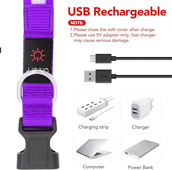 VIZPET LED Dog Collar, Light Up Dog Collar Adjustable USB Rechargeable Super Bright Safety Light Glowing Collars for Dogs (Purple, Large[18.89-23.62 inch/48-60cm])