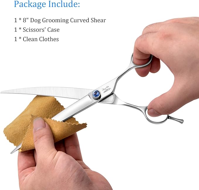 JASON 8" Curved Dog Grooming Scissors Ergonomic Pets Cats Trimming Shears with Offset Handle and a Jewelled Screw for Right Handed Groomers Long Sharp Comfortable Christmas Gift