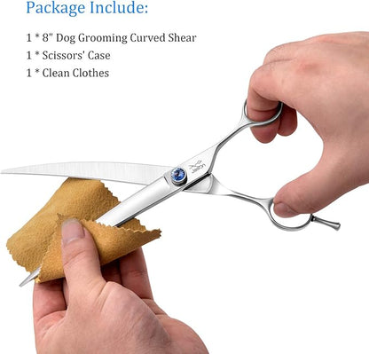 JASON 8" Curved Dog Grooming Scissors Ergonomic Pets Cats Trimming Shears with Offset Handle and a Jewelled Screw for Right Handed Groomers Long Sharp Comfortable Christmas Gift