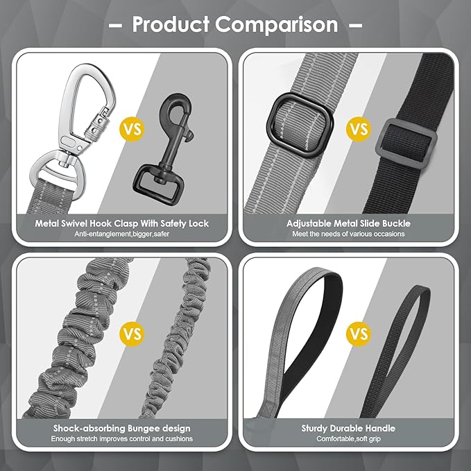 AUBELL Tactical Dog Leash Heavy Duty,4-6ft Reflective Strong No Pull Bungee Leash for Small Dogs with Comfortable Padded Double Handle,Car Seat Belt,360 Degree Rotating Carabiner,Grey