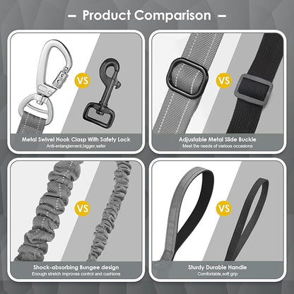 AUBELL Tactical Dog Leash Heavy Duty,4-6ft Reflective Strong No Pull Bungee Leash for Small Dogs with Comfortable Padded Double Handle,Car Seat Belt,360 Degree Rotating Carabiner,Grey