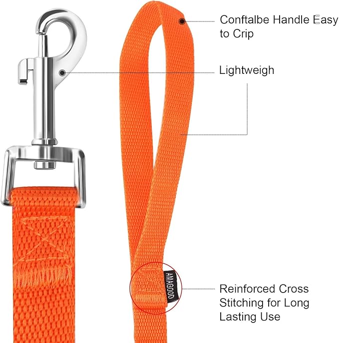 AMAGOOD 6 FT Puppy/Dog Leash, Strong and Durable Traditional Style Leash with Easy to Use Collar Hook, Great for Small, Medium and Large Dogs (3/4 in x 6 ft, Black and Orange 2-Pack)