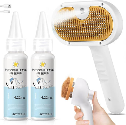 Pet Steam Brush for Dog & Cat – 3-in-1 Spray Hair Removal Comb for Shedding & Grooming, Softens Fur & Reduces Static – Water Brush for Long & Short Coats, Bath-Hating Pets, Includes 2*Shampoo