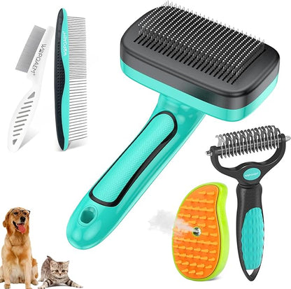 WOPQAEM 6 PCS Self Cleaning Slicker Brush & Undercoat Rake & Bath Brush & Flea Comb & Pet Comb & Steam Brush for Dogs and Cats,Professional Deshedding Dematting Tool for Long and Short Haired Pets