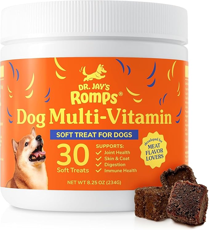 Dr Jay's Romps Dog Multivitamin Chews - Collagen Type II for Joint, Skin & Coat Support - Daily Dog Vitamins & Supplements for Immune & Digestion Health - Soft Chews for All Life Stages - 30 Count