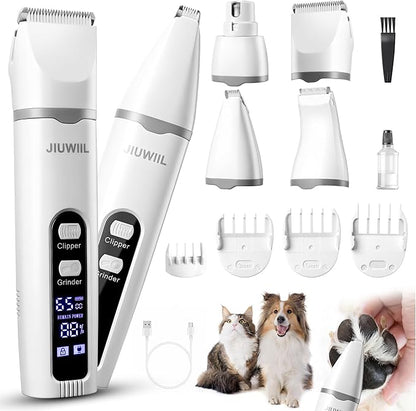 JIUWIIL Dog Clippers for Grooming, 4 in 1 Dog Grooming Kit Hair Clipper with LCD Display, Dog Trimmer for Grooming, Dog Hair Trimmer for Paw Nail Grinder,Shaver Grooming Supplies for Pet Cats Dogs