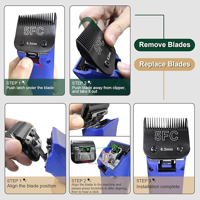 DODAER Black Detachable Pet Dog Grooming Clipper Stainless Steel Blades Set,Compatible with Andis,Oster A5,Wahl KM10 Series Clippers,4 Pack (7FC+5FC+4FC+3FC)