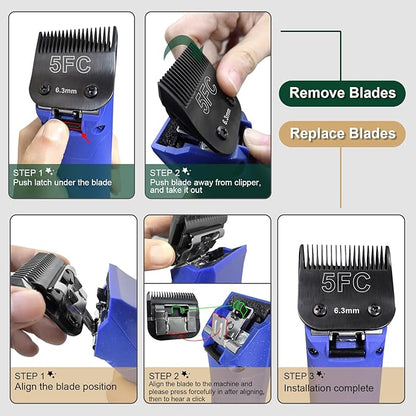 DODAER Black Detachable Pet Dog Grooming Clipper Stainless Steel Blades Set,Compatible with Andis,Oster A5,Wahl KM10 Series Clippers,4 Pack (7FC+5FC+4FC+3FC)